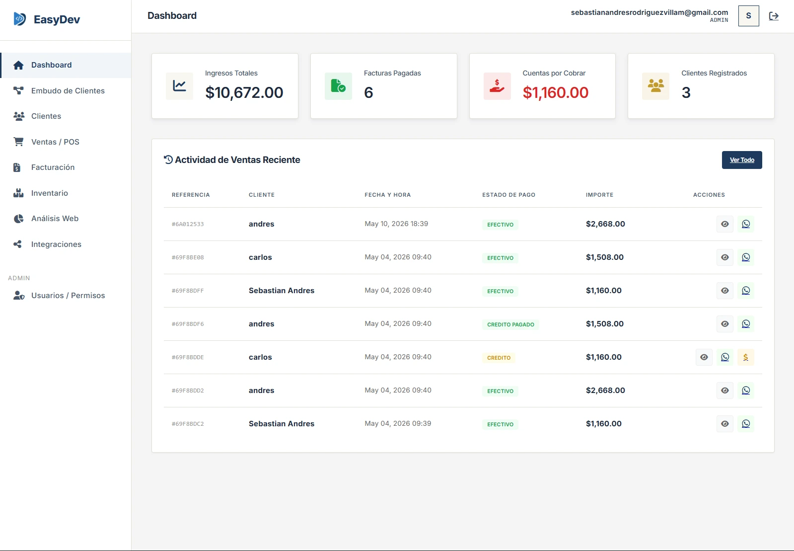 Captura real del sistema Easydev CRM